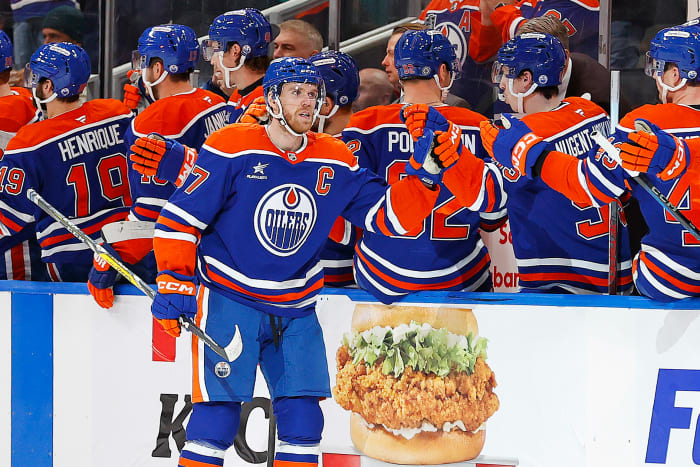 The Edmonton Oilers celebrate a goal scored by forward Connor McDavid (97).