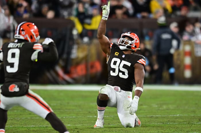 Cleveland Browns defensive end Myles Garrett celebrates after a sack.