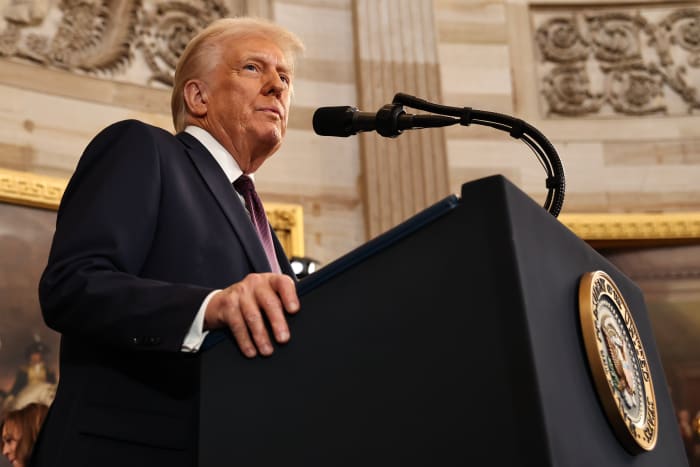 U.S. President Donald Trump speaks during inauguration ceremonies at the U.S. Capitol on January 20, 2025.