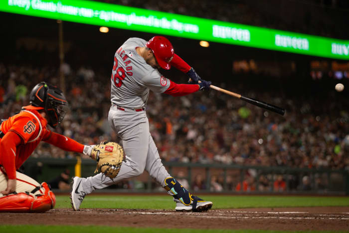 St. Louis Cardinals third baseman Nolan Arenado (28) hits a double against the San Francisco Giants.