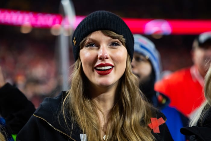 Pop star Taylor Swift watching a Kansas City Chiefs game at Arrowhead Stadium.