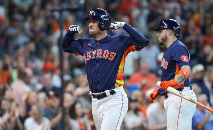 Houston Astros third baseman Alex Bregman (2) celebrates after hitting a home run during the fifth inning.