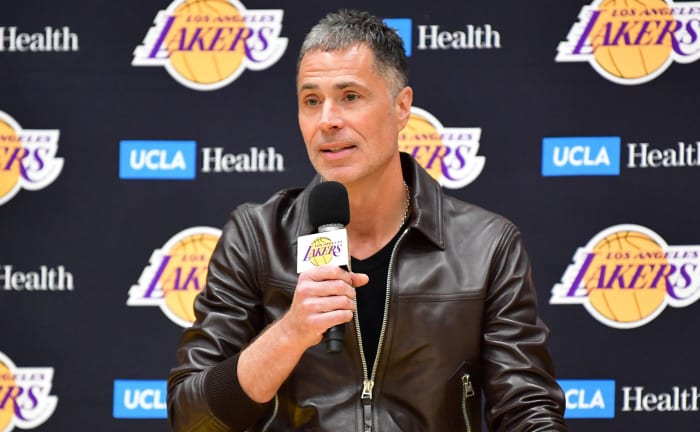 Feb 4, 2025; El Segundo, CA, USA; Los Angeles Lakers vice president of basketball operations and general manager Rob Pelinka speaks before introducing Luka Doncic at UCLA Health Training Center. Mandatory Credit: Gary A. Vasquez-Imagn Images