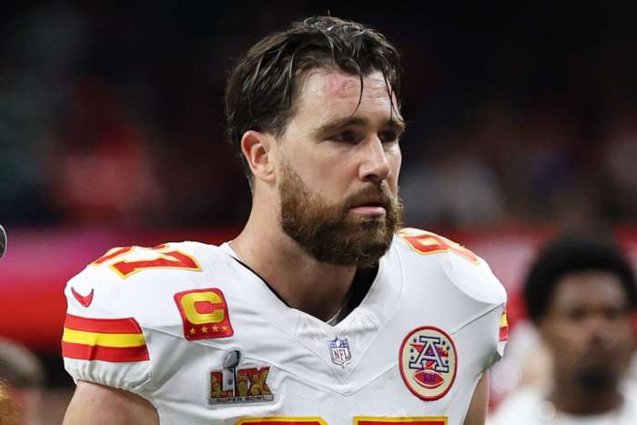 Kansas City Chiefs tight end Travis Kelce (87) walks off the field at the end of the first half of Super Bowl LIX against the Philadelphia Eagles.