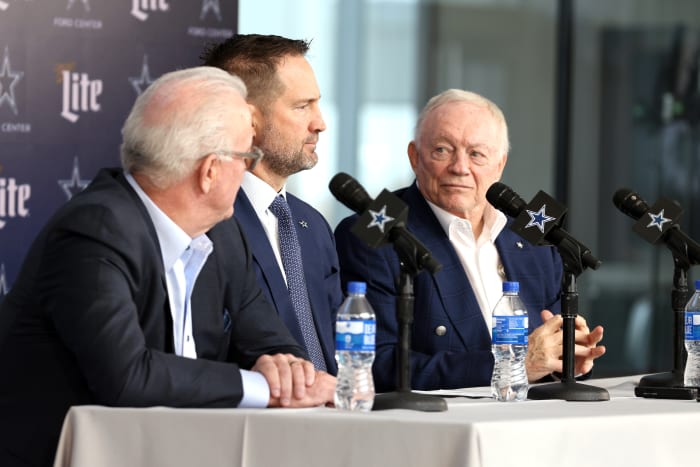Dallas Cowboys CEO Stephen Jones, head coach Brian Schottenheimer and owner Jerry Jones