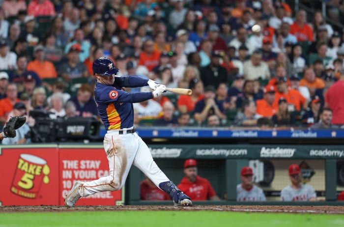 Houston Astros third baseman Alex Bregman (2) hits a home run during the fifth inning against the Los Angeles Angels.
