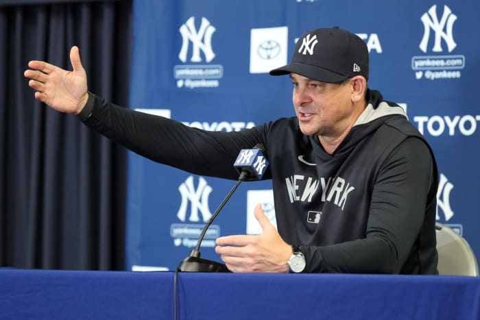 New York Yankees manager Aaron Boone talks with media during a press conference as spring training starts at George M. Steinbrenner Field.