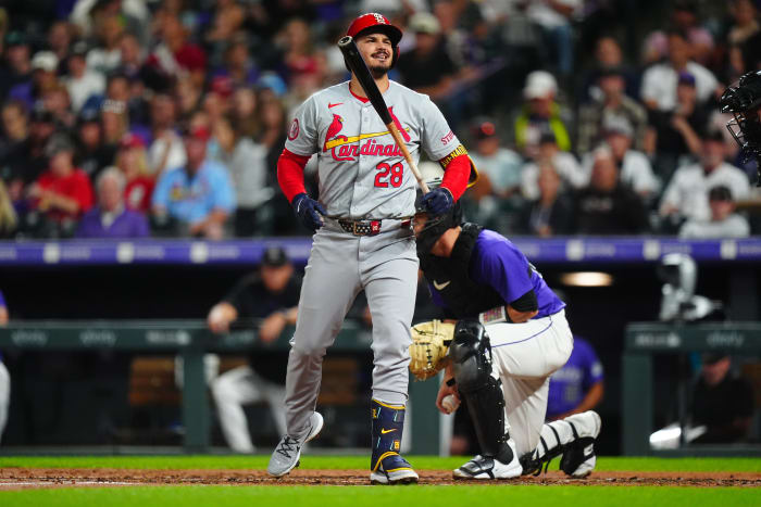 St. Louis Cardinals third baseman Nolan Arenado (28) reacts after striking out in the third inning against the Colorado Rockies.