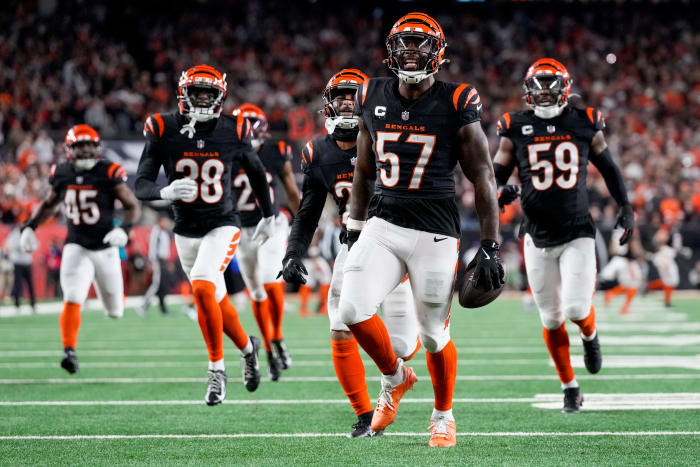Cincinnati Bengals linebacker Germaine Pratt (57) celebrates an interception in the fourth quarter of the NFL Week 17 game between the Cincinnati Bengals and the Denver Broncos at Paycor Stadium.