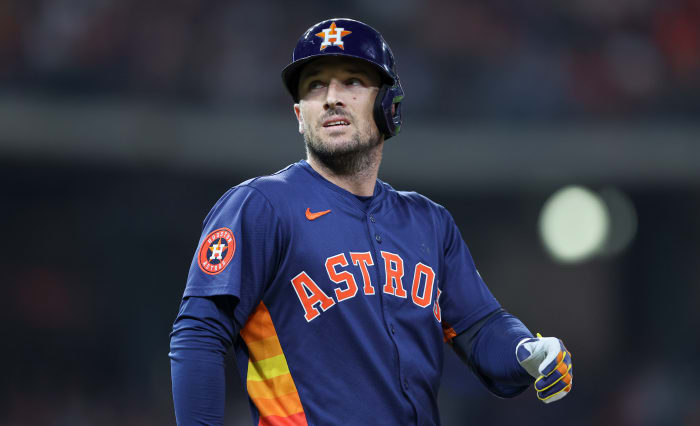 Sep 8, 2024; Houston, Texas, USA; Houston Astros third baseman Alex Bregman (2) reacts after a play during the fifth inning against the Arizona Diamondbacks at Minute Maid Park. Mandatory Credit: Troy Taormina-Imagn Images