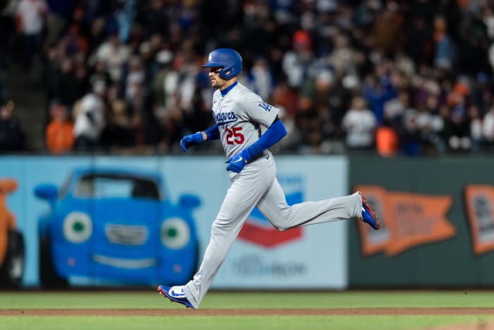 Los Angeles Dodgers center fielder Trayce Thompson (25) runs the bases after hitting a two-run home run against the San Francisco Giants during the seventh inning at Oracle Park.