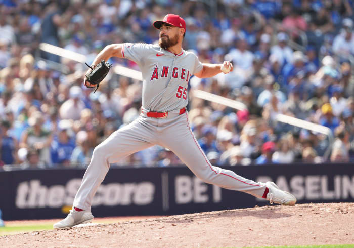 Los Angeles Angels relief pitcher Matt Moore (55) throws a pitch against the Toronto Blue Jays during the seventh inning at Rogers Centre.