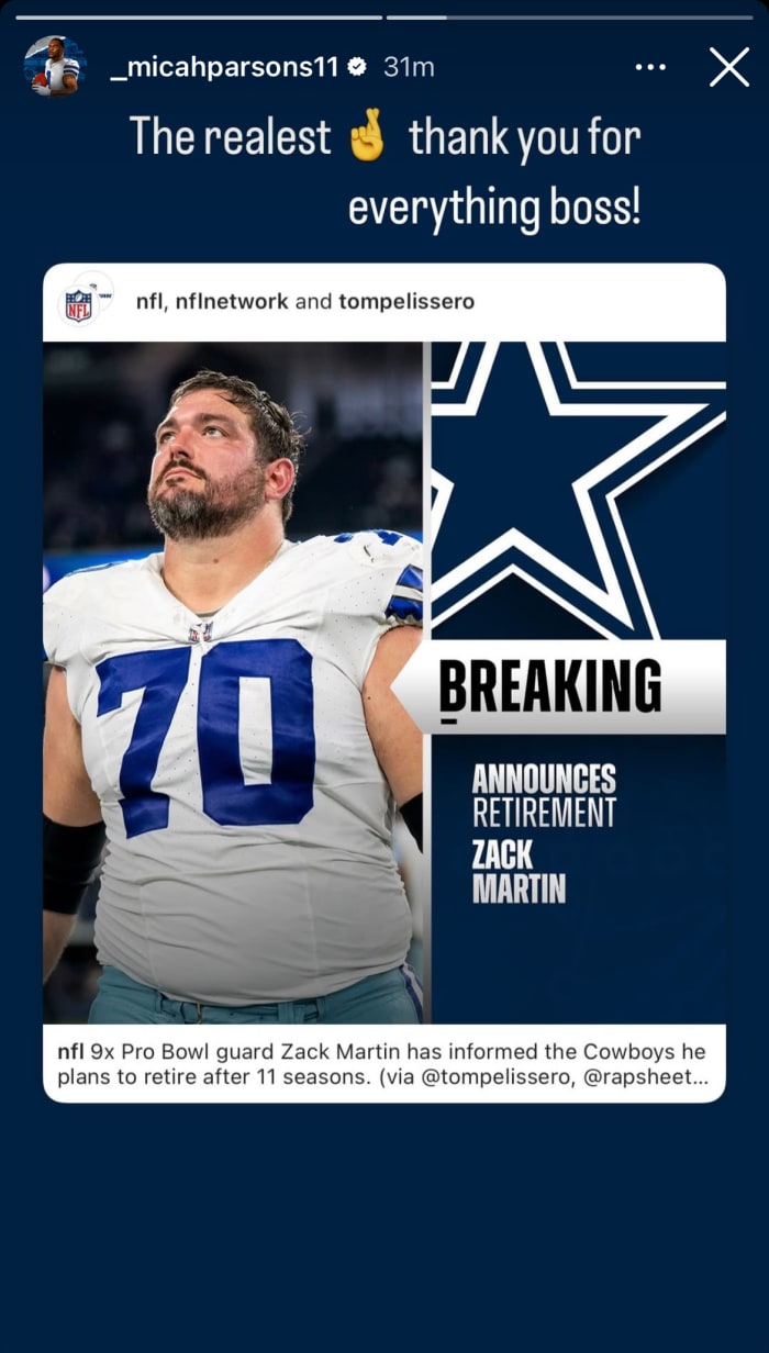 Dallas Cowboys star Micah Parsons' message to Zack Martin