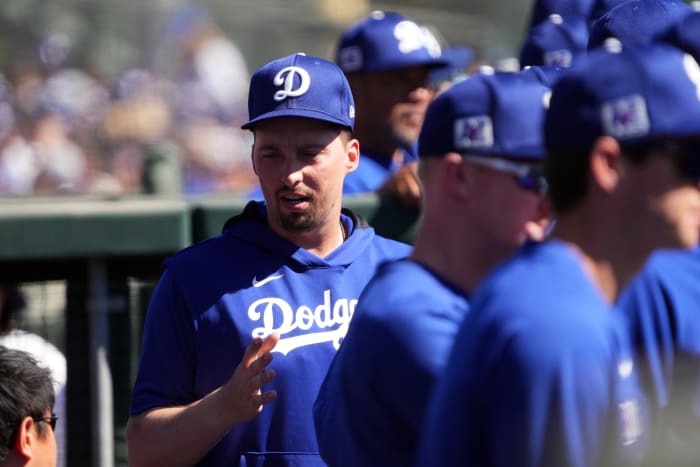 Los Angeles Dodgers pitcher Blake Snell (7) looks on against the San Diego Padres during the third inning at Camelback Ranch-Glendale.