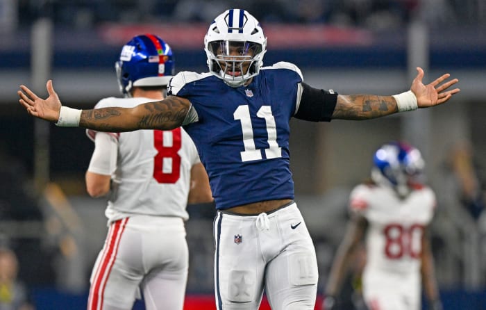 Dallas Cowboys linebacker Micah Parsons celebrates after sacking former New York Giants quarterback Daniel Jones.