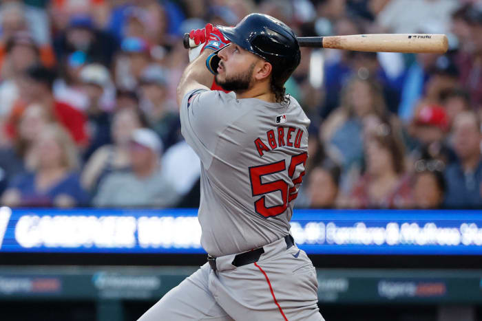 Boston Red Sox outfielder Wilyer Abreu (52) hits a sacrifice fly in the third inning against the Detroit Tigers at Comerica Park