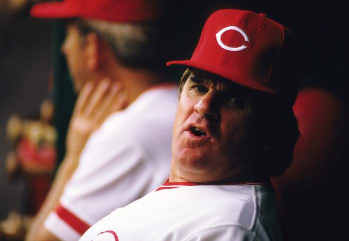 Cincinnati Reds manager Pete Rose in the dugout at Riverfront Stadium during the 1987 season.