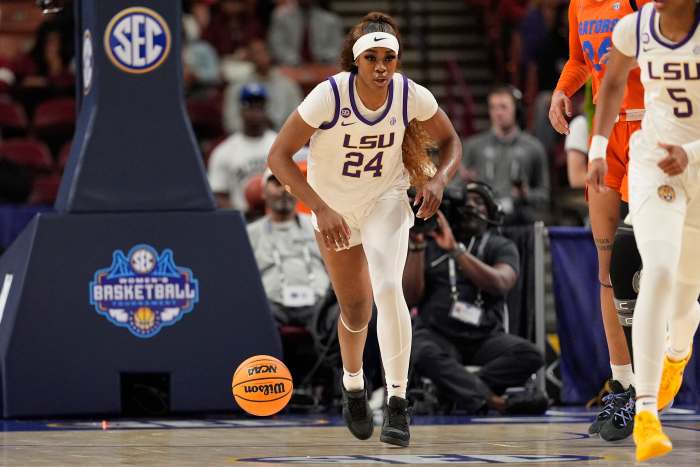 LSU Lady Tigers guard Aneesah Morrow (24) brings the ball up court against the Florida Gators during the first half