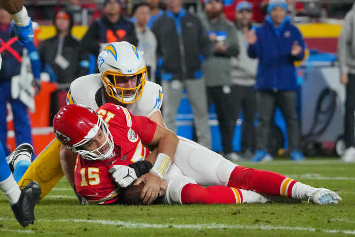 Kansas City Chiefs QB Patrick Mahomes is sacked by former Los Angeles Chargers linebacker Joey Bosa.