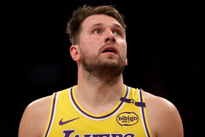 Mar 10, 2025; Brooklyn, New York, USA; Los Angeles Lakers guard Luka Doncic (77) reacts during the third quarter against the Brooklyn Nets at Barclays Center. Mandatory Credit: Brad Penner-Imagn Images  