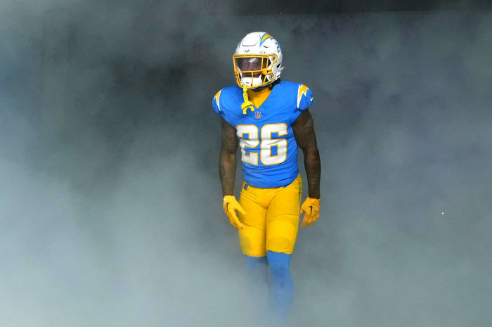 Dec 23, 2023; Inglewood, California, USA; Los Angeles Chargers cornerback Asante Samuel Jr. (26) enters the field before the game against the Buffalo Bills at SoFi Stadium. Mandatory Credit: Kirby Lee-Imagn Images