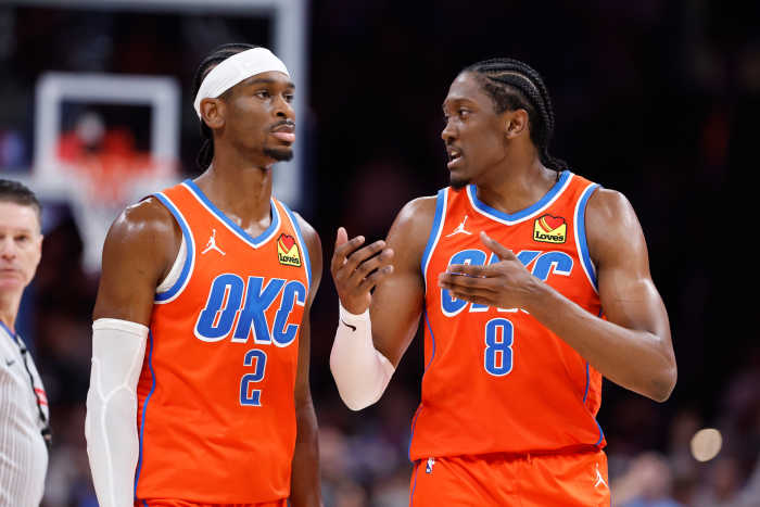 Oklahoma City Thunder guard Shai Gilgeous-Alexander (2) and forward Jalen Williams (8)