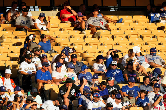 A general view of fans in seats during the fifth inning of the 2022 MLB All Star Game at Dodger Stadium.