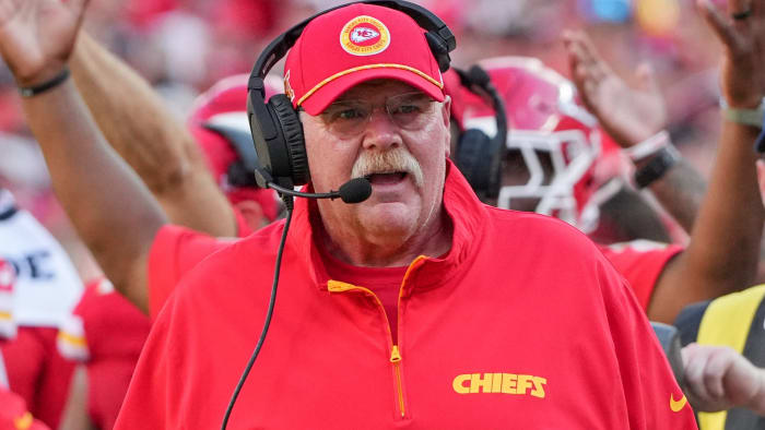 Kansas City Chiefs head coach Andy Reid reacts to a no-call against the Cincinnati Bengals during the game at GEHA Field at Arrowhead Stadium.