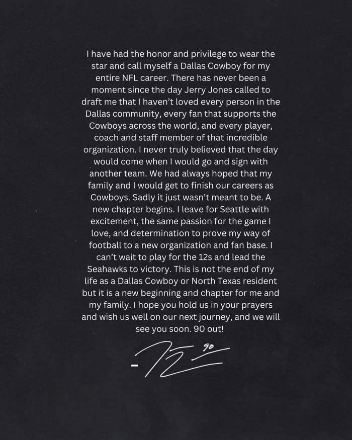 DeMarcus Lawrence's goodbye note to the Dallas Cowboys (via X/@TankLawrence)