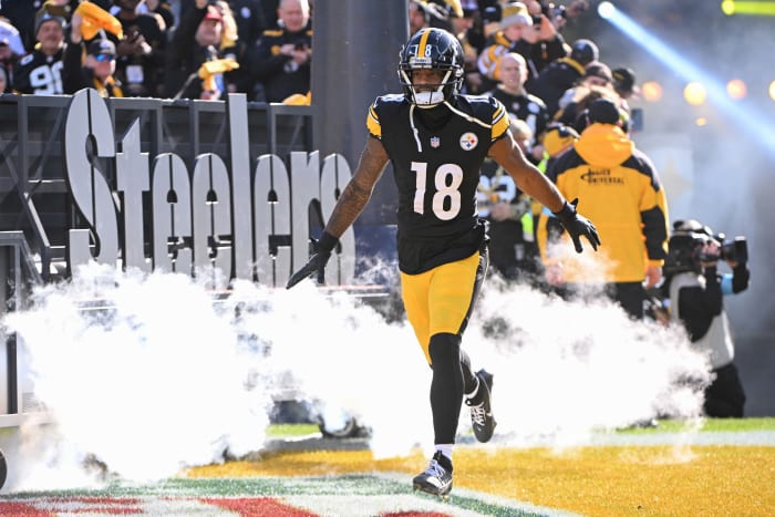 Pittsburgh Steelers wide receiver Mike Williams (18) takes the field for a game against the Cleveland Browns at Acrisure Stadium.