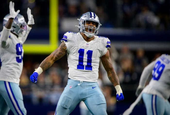 Dallas Cowboys defensive end Micah Parsons celebrates a sack against the Las Vegas Raiders at AT&T Stadium.