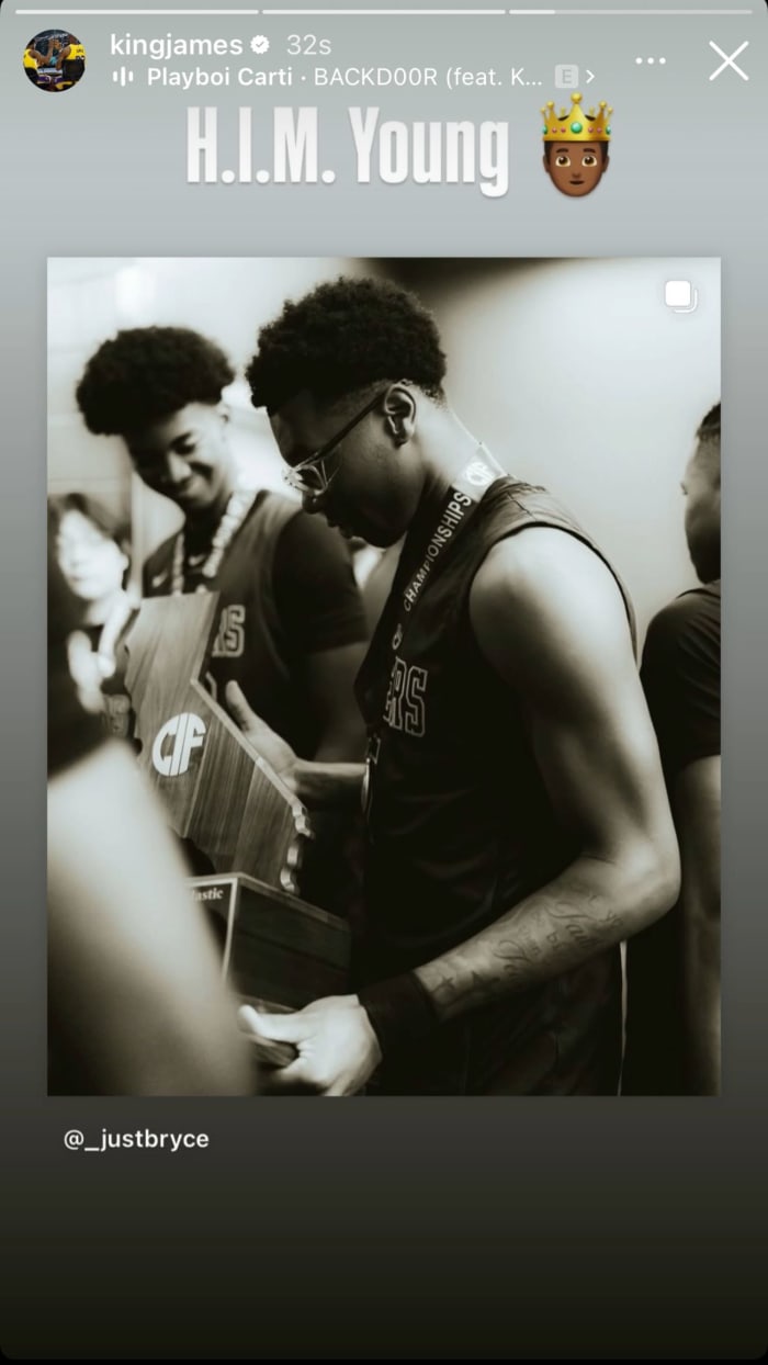 LeBron James shows support to his son, Bryce James, on his Instagram story.