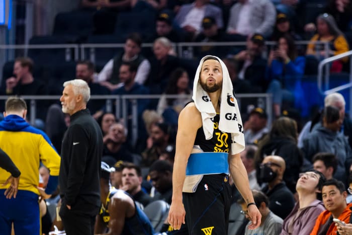 Mar 20, 2025; San Francisco, California, USA; Golden State Warriors guard Stephen Curry (30) watches a replay during a review of call during the first quarter against the Toronto Raptors at Chase Center. Mandatory Credit: John Hefti-Imagn Images 