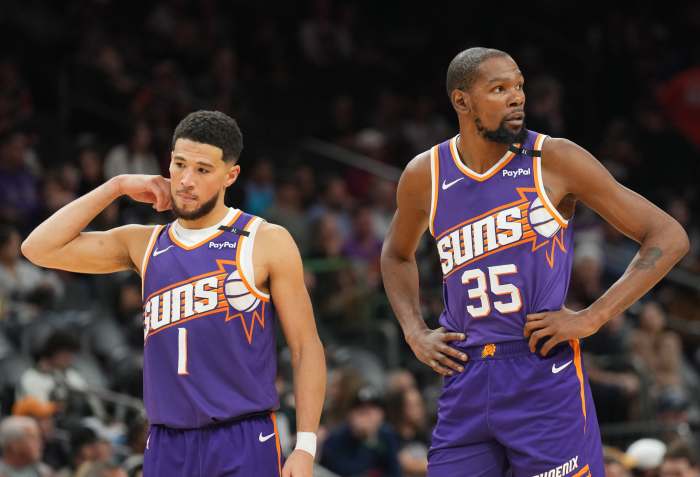 Phoenix Suns guard Devin Booker (1) and Phoenix Suns forward Kevin Durant (35)