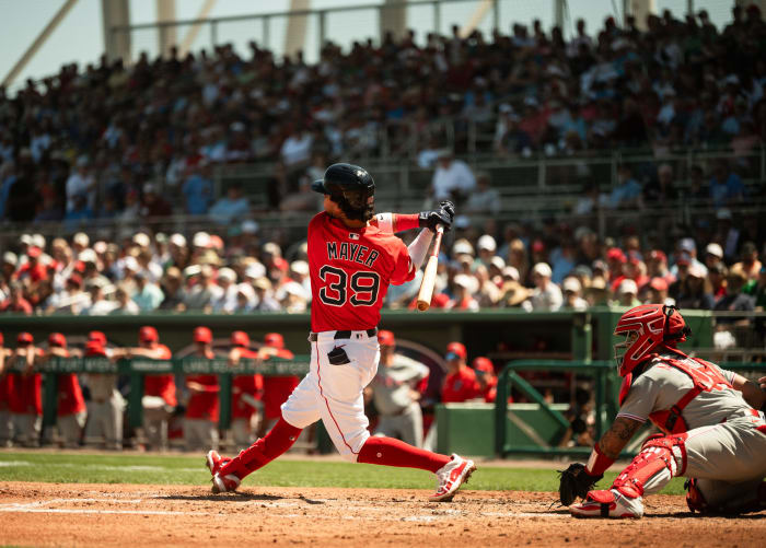 Marcelo Mayer takes a swing during a Red Sox Spring Training game on March 11, 2025, at JetBlue Park in Fort Myers, Florida.