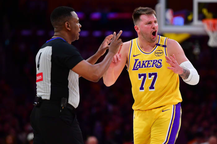 Apr 3, 2025; Los Angeles, California, USA; Los Angeles Lakers guard Luka Doncic (77) reacts to a call during the second half at Crypto.com Arena. Mandatory Credit: Gary A. Vasquez-Imagn Images  