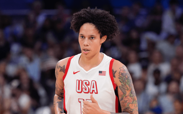 Jul 29, 2024; Villeneuve-d'Ascq, France; United States center Brittney Griner (15) runs up-court during the first quarter against Japan during the Paris 2024 Olympic Summer Games at Stade Pierre-Mauroy.