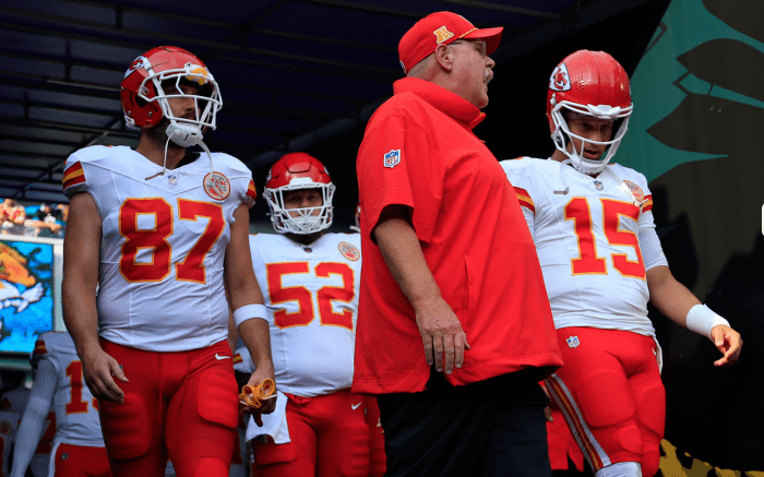 Kansas City Chiefs head coach Andy Reid, center, quarterback Patrick Mahomes and tight end Travis Kelce