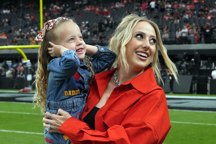 Brittany Mahomes, the wife of Kansas City Chiefs quarterback Patrick Mahomes, holds daughter Sterling Mahomes.