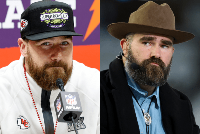 Kansas City Chiefs tight end Travis Kelce (left) and his brother Jason Kelce (right), host the "New Heights" podcast.