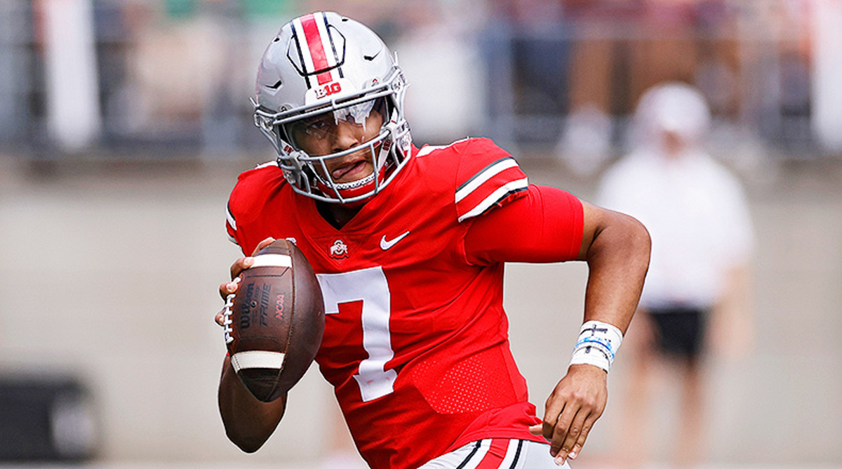 Quarterback C.J. Stroud of the Ohio State Buckeyes takes the field