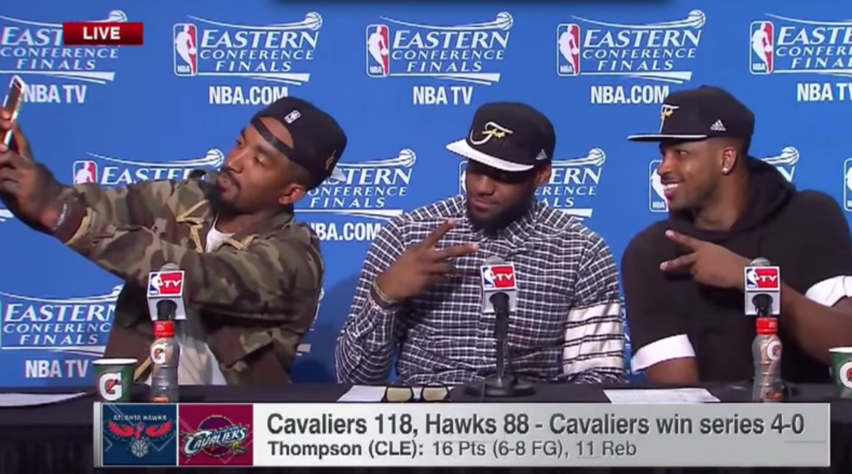 J.R. Smith Interrupts Press Conference to Take a Selfie with LeBron James and Tristan Thompson