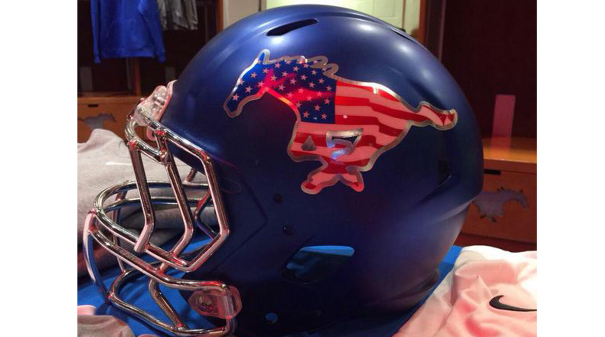SMU blue patriotic helmet
