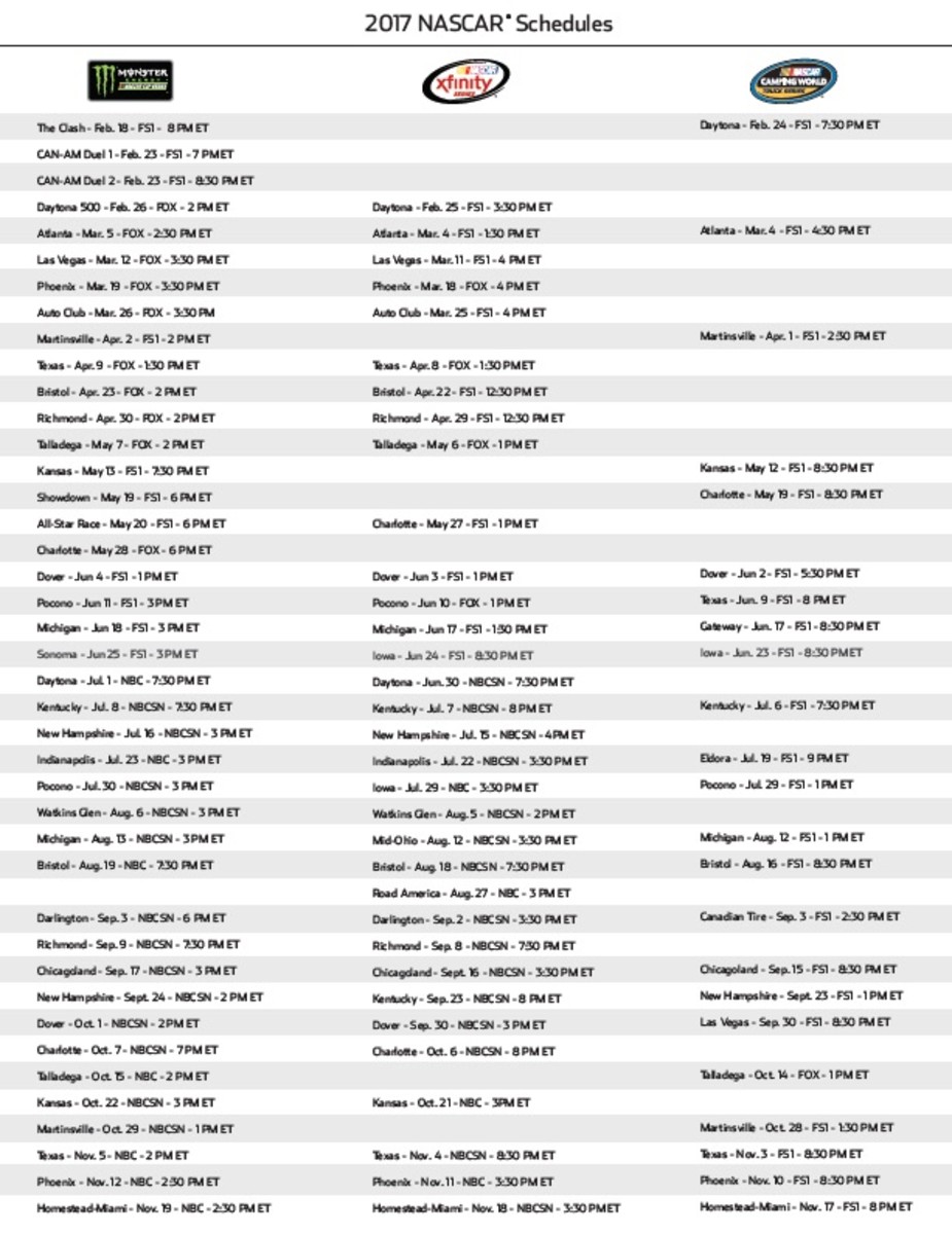 Printable 2017 NASCAR Schedule - Monster Cup, xfinity, truck