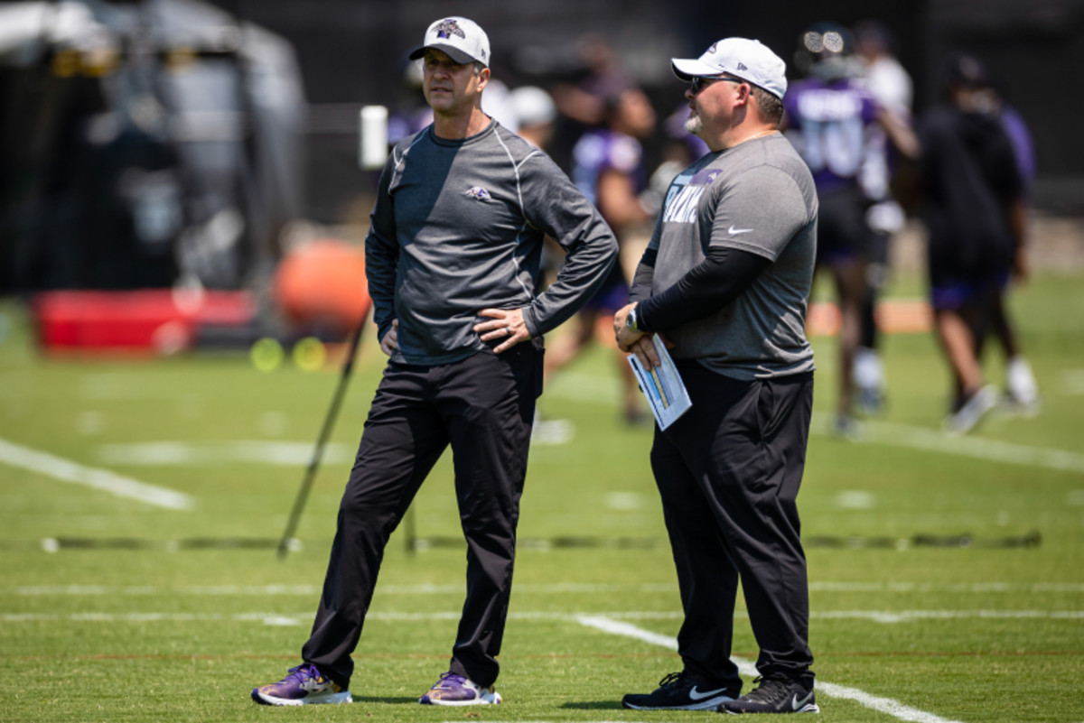 Baltimore Ravens head coach John Harbaugh and offensive coordinator Greg Roman