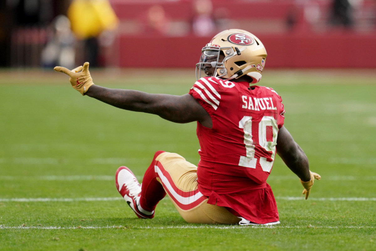 Deebo Samuel of the San Francisco 49ers reacts after a play