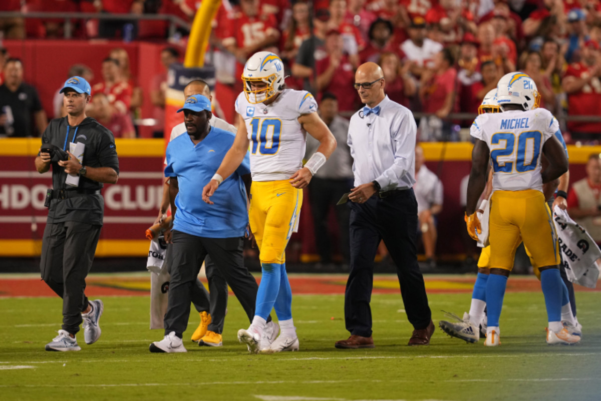 Los Angeles Chargers quarterback exits the game with an injury.