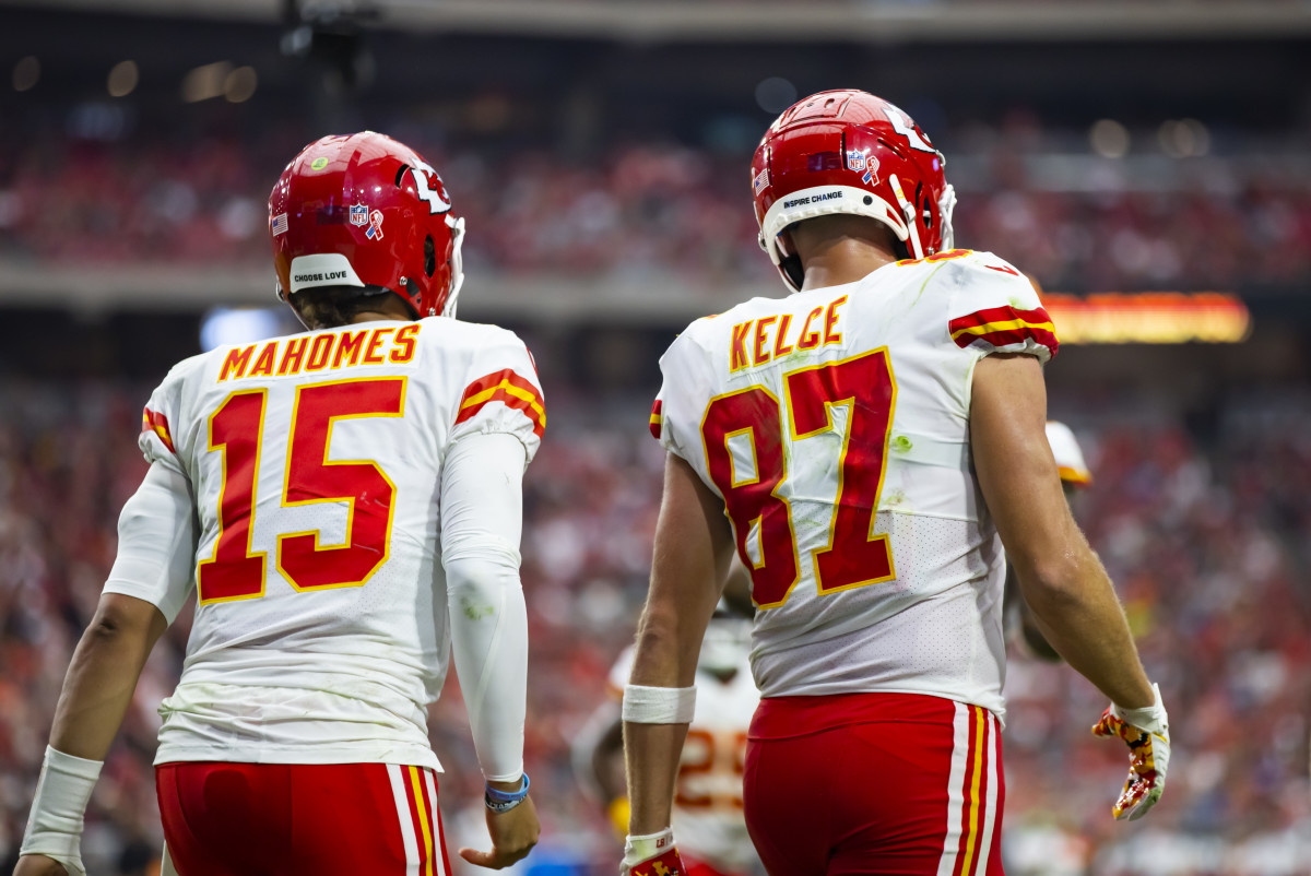 Sep 11, 2022; Glendale, Arizona, USA; Detailed view of the jersey of Kansas City Chiefs quarterback Patrick Mahomes (15) and tight end Travis Kelce (87) against the Arizona Cardinals at State Farm Stadium. Mandatory Credit: Mark J. Rebilas-USA TODAY Sports