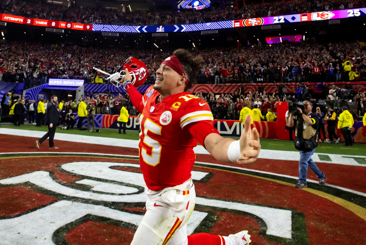 Feb 11, 2024; Paradise, Nevada, USA; Kansas City Chiefs quarterback Patrick Mahomes (15) celebrates after defeating the San Francisco 49ers in overtime of Super Bowl LVIII at Allegiant Stadium.