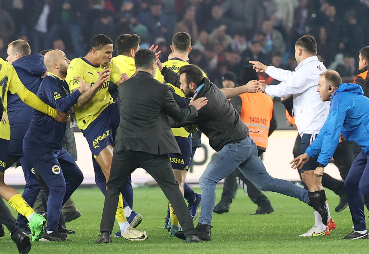A photo taken after Fenerbahce won 3-2 at Trabzonspor in March 2024 and hundreds of home fans stormed the field